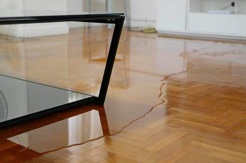 Leitungswasserschaden im Wohnzimmer auf Parkett